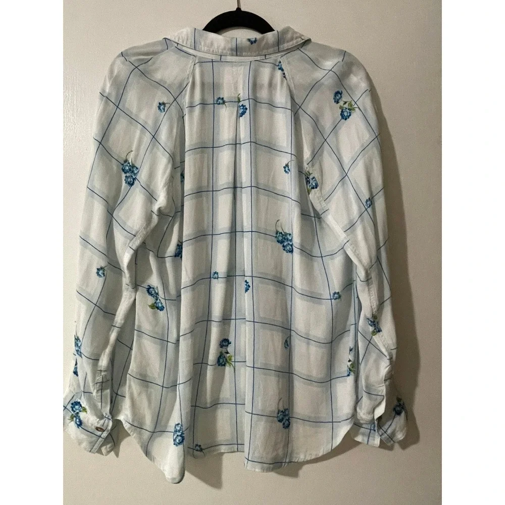 Free People Blue Floral Plaid Button Down Blouse Viscose Long Sleeve Top Large